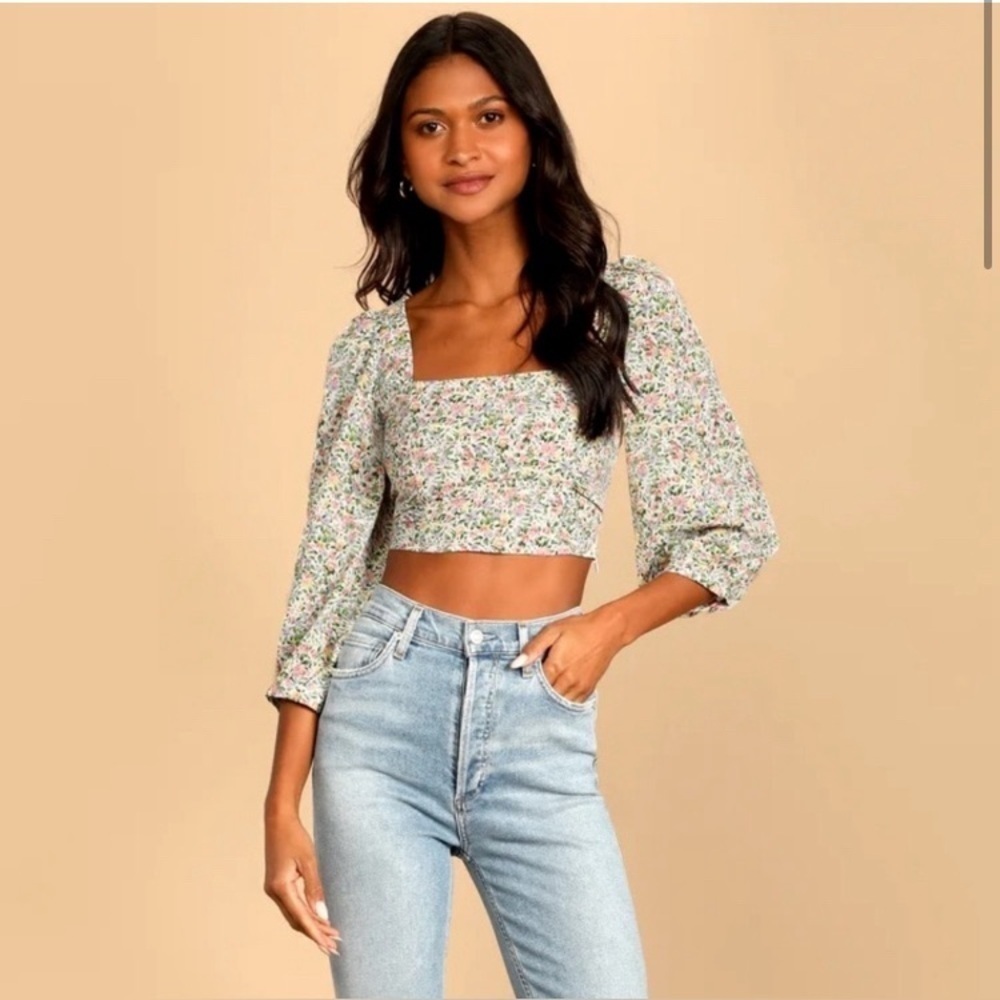 Lulus Even Sweeter Balloon Sleeve Floral Crop Top Large Boho Festival Cottage